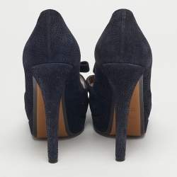 Pre Owned Fendi Size 41 Navy Blue Suede Bow Peep Toe Platform Pumps