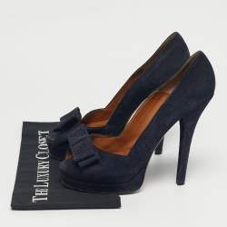 Pre Owned Fendi Size 41 Navy Blue Suede Bow Peep Toe Platform Pumps