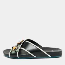 مملوكة مسبقًا Fendi Flowerland Size 41 Black/White Leather Criss Cross Slide Sandals