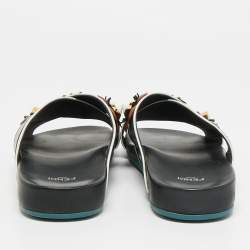مملوكة مسبقًا Fendi Flowerland Size 41 Black/White Leather Criss Cross Slide Sandals