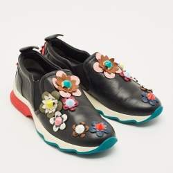 مملوكة مسبقًا حذاء رياضي فنجي سليب أون جلد أسود فلاورلاند مقاس 37