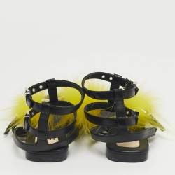 Pre Owned صندل فندي مسطح وحش محارب جلد وفرو أسود/أصفر مقاس 35
