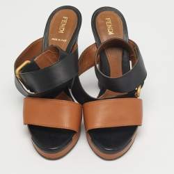 مملوكة مسبقًا Fendi Size 37.5 Brown/Black Leather Ankle Strap Platform Sandals