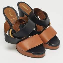 مملوكة مسبقًا Fendi Size 37.5 Brown/Black Leather Ankle Strap Platform Sandals