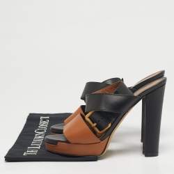 مملوكة مسبقًا Fendi Size 37.5 Brown/Black Leather Ankle Strap Platform Sandals