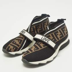 مملوكة مسبقًا Fendi Rockoko Size 39 Black/Brown FF Knit Fabric Slip On Sneakers