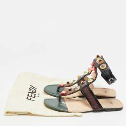 Pre Owned Fendi Size 41 Multicolor Leather Studded Ankle Cuff Flat Sandals