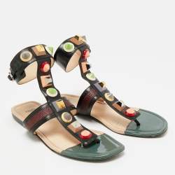 Pre Owned Fendi Size 41 Multicolor Leather Studded Ankle Cuff Flat Sandals
