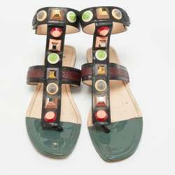 Pre Owned Fendi Size 41 Multicolor Leather Studded Ankle Cuff Flat Sandals