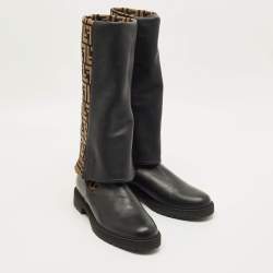 مملوكة مسبقًا حذاء بوت فندي فوق الركبة قماش وجلد زوكا أسود/بني مقاس 40