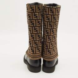 مملوكة مسبقًا حذاء بوت فندي فوق الركبة قماش وجلد زوكا أسود/بني مقاس 40