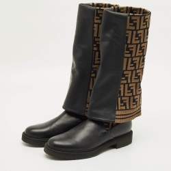 مملوكة مسبقًا حذاء بوت فندي فوق الركبة قماش وجلد زوكا أسود/بني مقاس 40