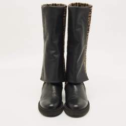 مملوكة مسبقًا حذاء بوت فندي فوق الركبة قماش وجلد زوكا أسود/بني مقاس 40