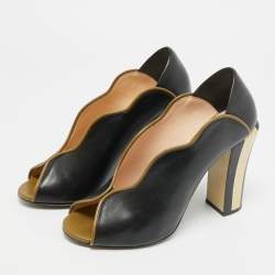 مملوكة مسبقًا Fendi Scallop Lined Size 38.5 Dark Blue/Green Leather Peep Toe Pumps