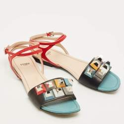 Pre Owned Fendi Fantasia Size 37 Multicolor Leather Ankle Strap Flat Sandals