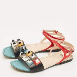 Pre Owned Fendi Fantasia Size 37 Multicolor Leather Ankle Strap Flat Sandals