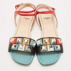Pre Owned Fendi Fantasia Size 37 Multicolor Leather Ankle Strap Flat Sandals