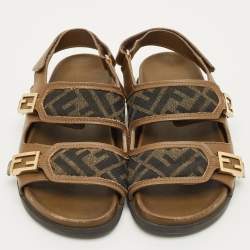 Pre Owned Fendi FF Size 35 Green FF Canvas and Leather Slingback Sandals