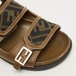 Pre Owned Fendi FF Size 35 Green FF Canvas and Leather Slingback Sandals