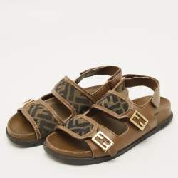 Pre Owned Fendi FF Size 35 Green FF Canvas and Leather Slingback Sandals