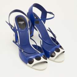 مملوكة مسبقًا Fendi Polka Dots Size 40 Navy Blue/White Leather Block Heel Ankle Strap Sandals