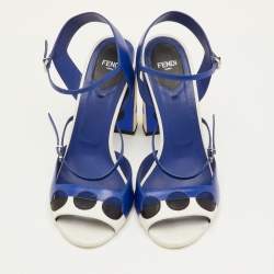 مملوكة مسبقًا Fendi Polka Dots Size 40 Navy Blue/White Leather Block Heel Ankle Strap Sandals