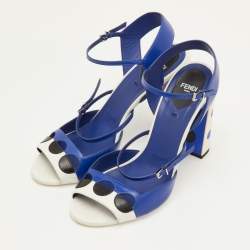 مملوكة مسبقًا Fendi Polka Dots Size 40 Navy Blue/White Leather Block Heel Ankle Strap Sandals
