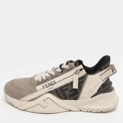 مملوكة مسبقًا حذاء رياضي فنْدي نسيج زوكا أبيض وجلد تدفق علوي منخفض مقاس 37