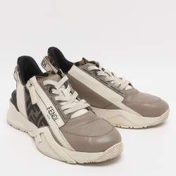 مملوكة مسبقًا حذاء رياضي فنْدي نسيج زوكا أبيض وجلد تدفق علوي منخفض مقاس 37