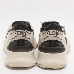 مملوكة مسبقًا حذاء رياضي فنْدي نسيج زوكا أبيض وجلد تدفق علوي منخفض مقاس 37