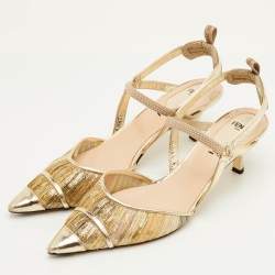 مملوكة مسبقًا حذاء سليب باك فندي كوليبري لايت قماش معدني ذهبي وجلد مقدمة مدببة مقاس 40