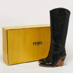 Pre Owned Fendi Cowboy Size 36 Black Croc Embossed Leather Knee Length Boots