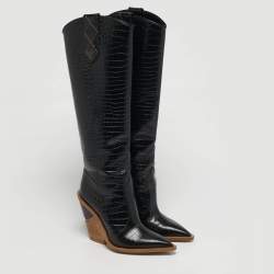 Pre Owned Fendi Cowboy Size 36 Black Croc Embossed Leather Knee Length Boots