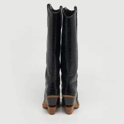 Pre Owned Fendi Cowboy Size 36 Black Croc Embossed Leather Knee Length Boots