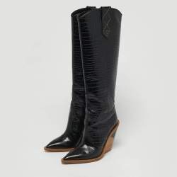 Pre Owned Fendi Cowboy Size 36 Black Croc Embossed Leather Knee Length Boots