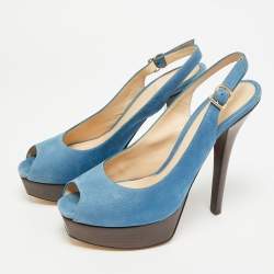 Pre Owned Fendi Fendista Size 40 Blue Nubuck Leather Peep Toe Slingback Pumps