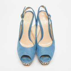 Pre Owned Fendi Fendista Size 40 Blue Nubuck Leather Peep Toe Slingback Pumps