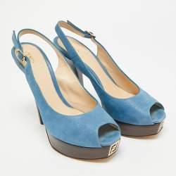 Pre Owned Fendi Fendista Size 40 Blue Nubuck Leather Peep Toe Slingback Pumps
