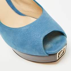 Pre Owned Fendi Fendista Size 40 Blue Nubuck Leather Peep Toe Slingback Pumps