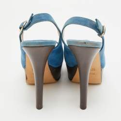 Pre Owned Fendi Fendista Size 40 Blue Nubuck Leather Peep Toe Slingback Pumps