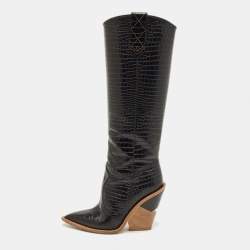 مملوكة مسبقًا Fendi Size 38 Black Croc Embossed Leather Knee Length Boots