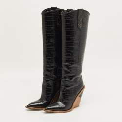 Pre Owned حذاء بوت فندي إسفين بطول الركبة جلد بني غامق مقاس 39