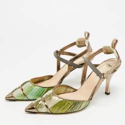 Pre Owned Fendi Colibri Size 37 Multicolor Metallic Fabric and Nylon Slingback Pumps