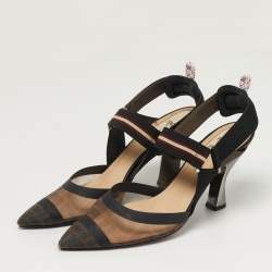 Pre Owned حذاء سليب باك فندي شبك زوكا أسود/بني مقاس 38