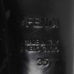 Pre Owned حذاء كعب عالى فندى نعل سميك مقدمة مفتوحة كعوب أف أف جلد لامع أسود مقاس 35.5