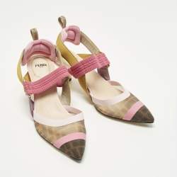 Pre Owned حذاء كعب عالي فندي كوليبري كانفاس زوكا وشبكة بحزام للكاحل مقاس 37