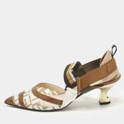مملوكة مسبقًا Fendi Colibri Size 38 Zucca Brown/White Leather and PVC Slingback Pumps