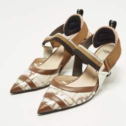 Pre Owned Fendi Colibri Size 38 Zucca Brown/White Leather and PVC Slingback Pumps