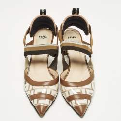 Pre Owned Fendi Colibri Size 38 Zucca Brown/White Leather and PVC Slingback Pumps