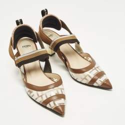 Pre Owned Fendi Colibri Size 38 Zucca Brown/White Leather and PVC Slingback Pumps